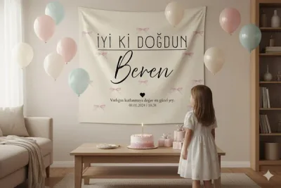 Kişiselleştirilebilir Kurdele Detaylı Doğum Günü Duvar Örtüsü