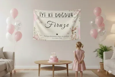 Kişiselleştirilebilir Tavşan Figürlü Doğum Günü Duvar Örtüsü